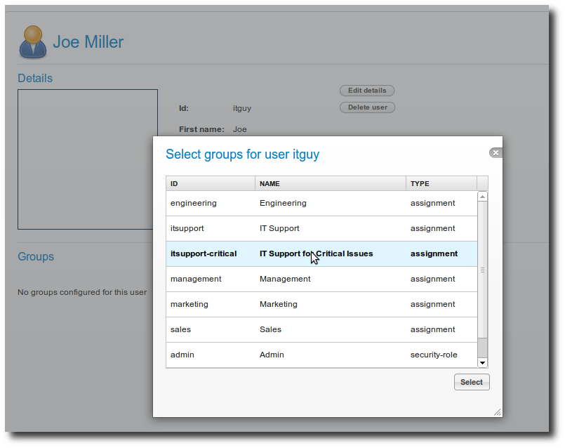 Assigning a user to a group in the Activiti Explorer